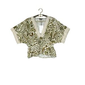 NWT Zara Womens Lace Trim Kimono Style Blouse Top Medium Paisley Fairy Green